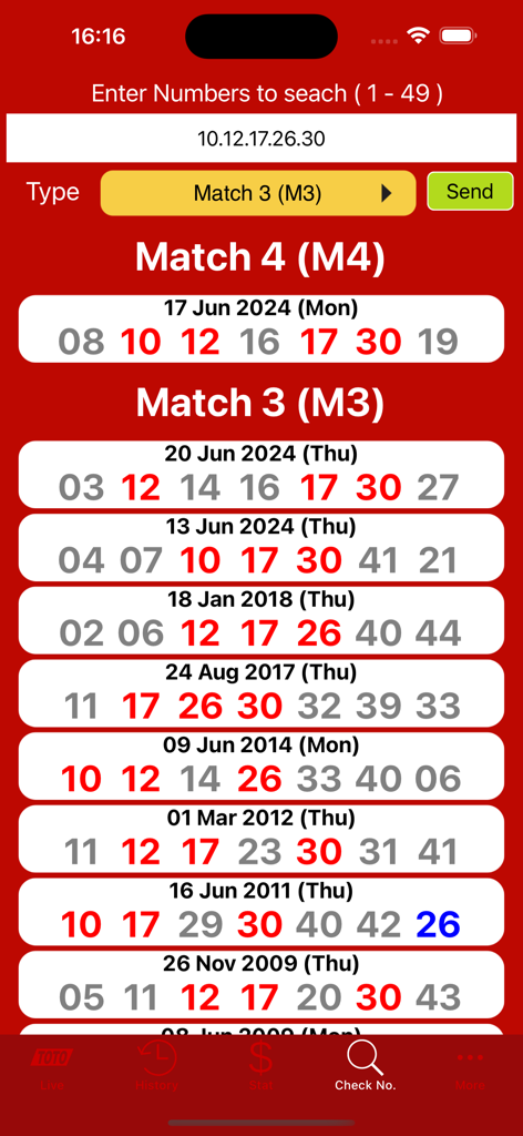 SG Live TOTO - SG 라이브 TOTO 모바일 앱 화면에 특정 복권 번호에 대한 과거 일치 결과 표시