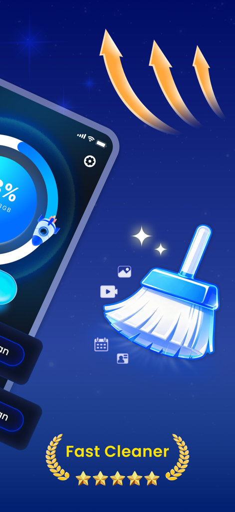 AI Super Cleaner-Clean Up Pro - Illustration of the AI Super Cleaner app fast cleaning feature showing a broom icon and storage optimization status on an iPhone.