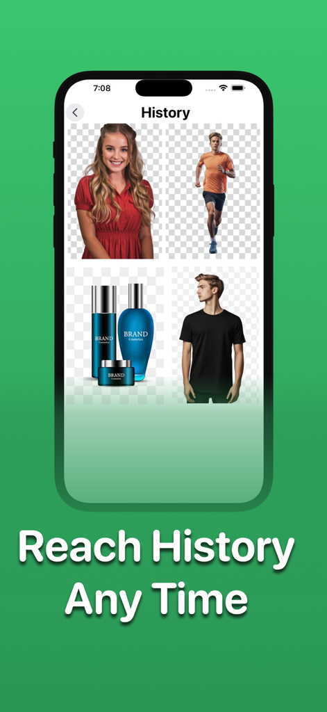 투명한 배경의 사람 및 제품 사진을 포함한 편집된 이미지 갤러리가 있는 객체 지우기 앱의 기록 기능을 보여주는 스크린샷.