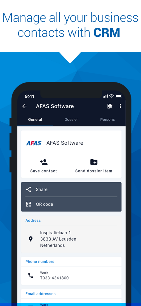 AFAS Pocket - AFAS Pocket mobile app CRM interface displaying business contact details including address and phone number.