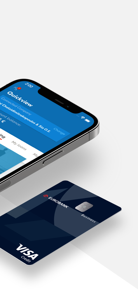 Eurobank Business App interface on an iPhone next to a physical business credit card