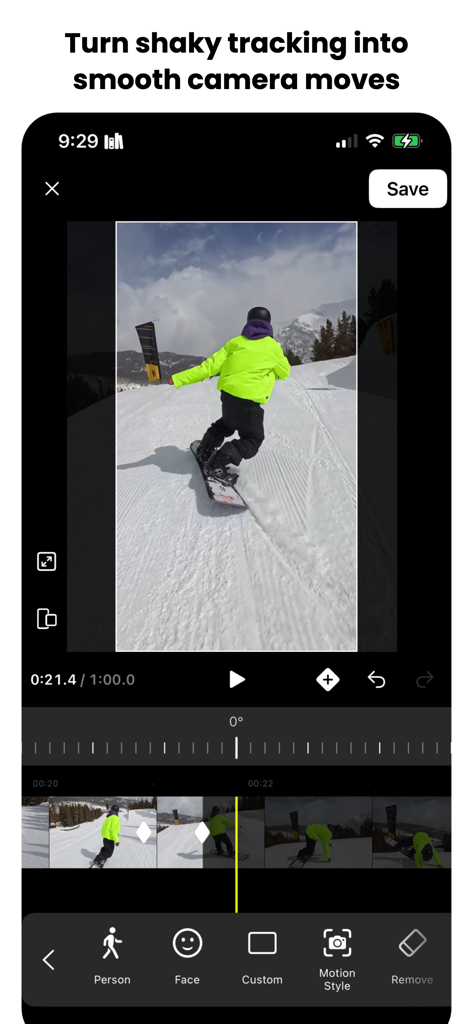 Interfaz de la aplicación Motion Track que muestra rastreo de movimiento y edición de fotogramas clave en un video de snowboard para crear movimientos de cámara fluidos.