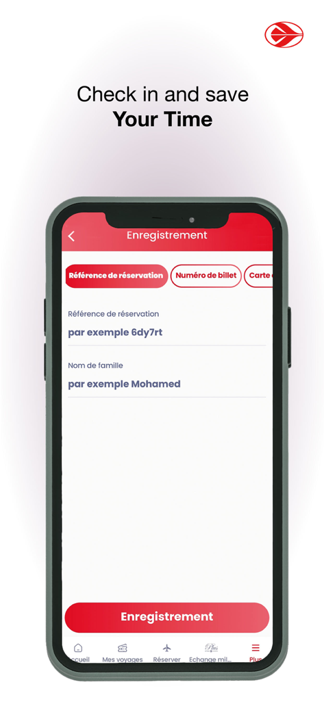 Air Algerie app online check-in screen showing booking reference and passenger name fields