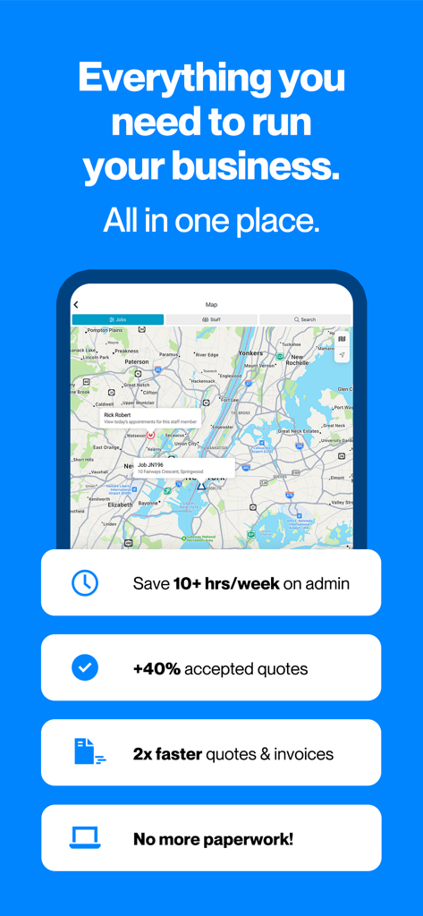 Tradify App Marketing-Bildschirm mit Auftragsübersichtskarte und wichtigen Vorteilen für Handwerker
