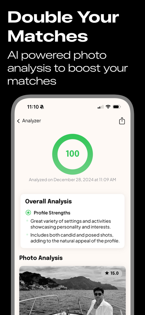 Pick up lines - TextWise - AI powered dating profile analyzer showing a perfect score and looksmaxxing insights