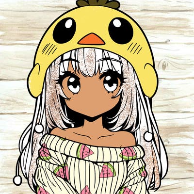 anime girl with chick shaped hat with sweater with bare shoulders with bangs covering them one eye with low tail