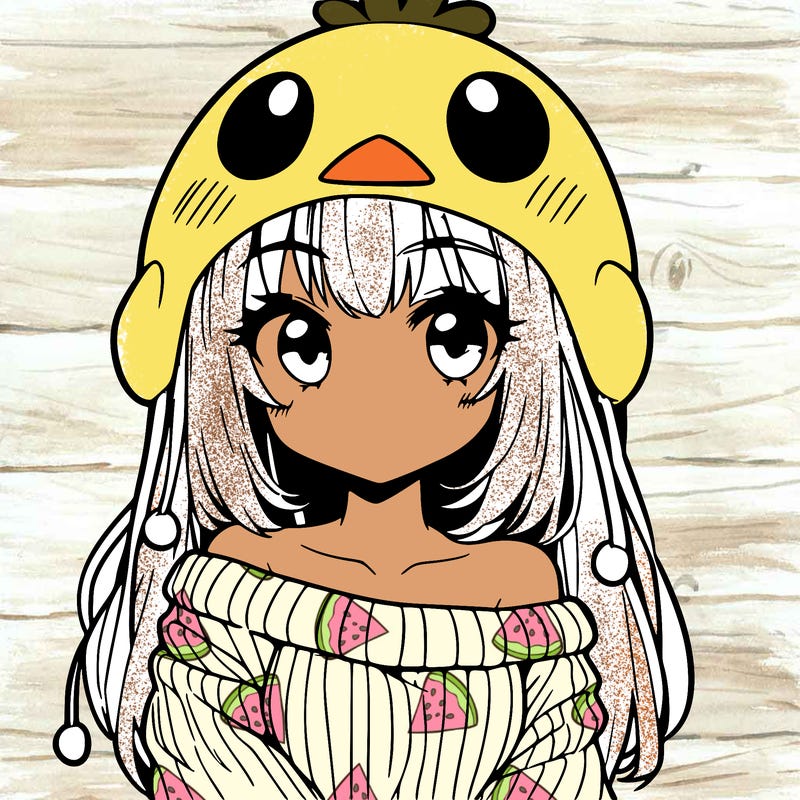 anime girl with chick shaped hat with sweater with bare shoulders with bangs covering them one eye with low tail