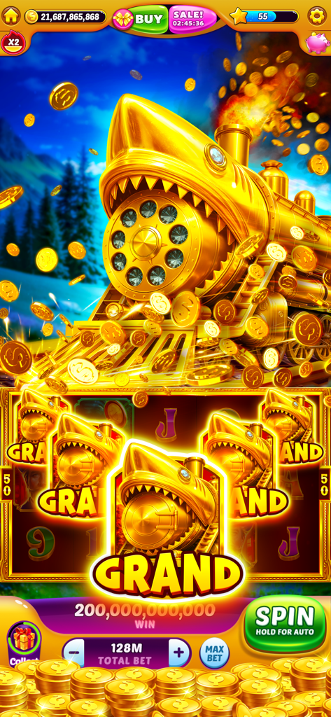 Jackpot Master Slots mobile game showing a grand win with a golden shark train and falling gold coins