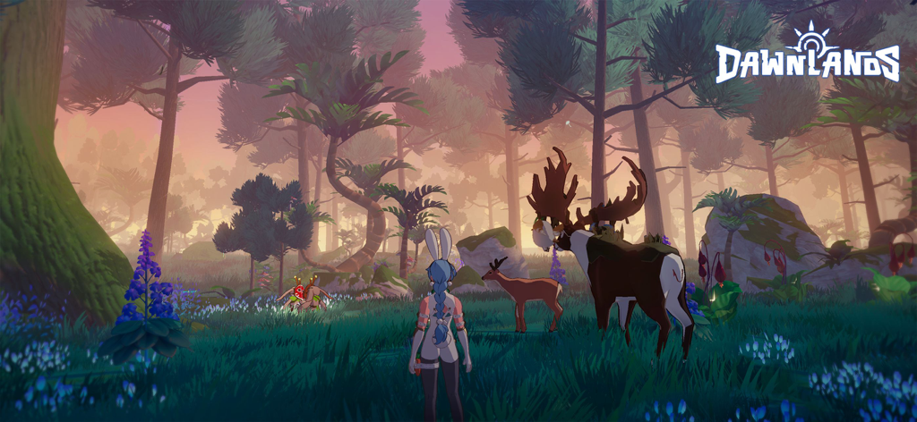 Dawnlands - A character exploring a lush stylized forest with wildlife in the Dawnlands game.