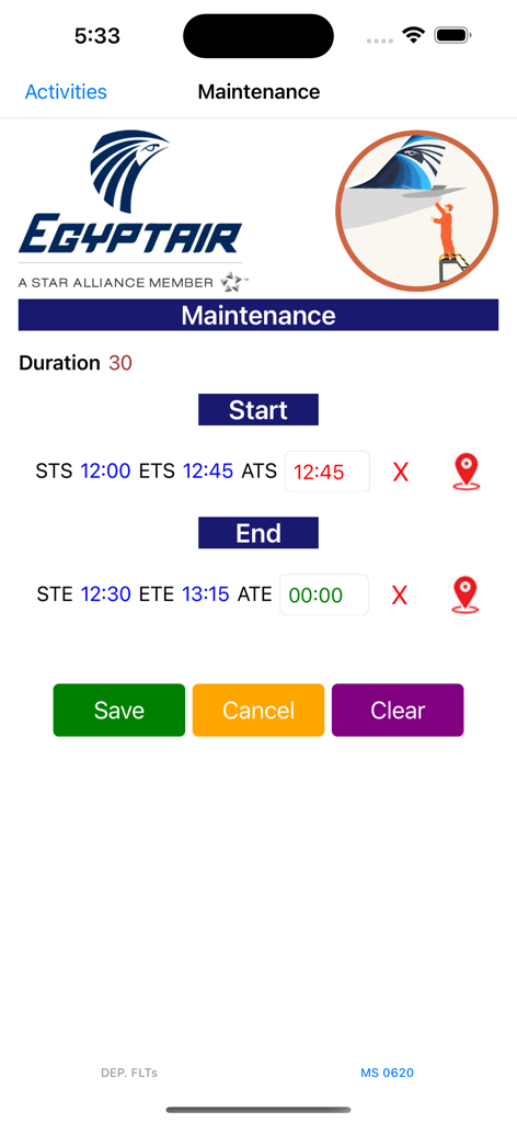 GOMS - EgyptAir GOMS app maintenance tracking interface showing start and end times for ground operations