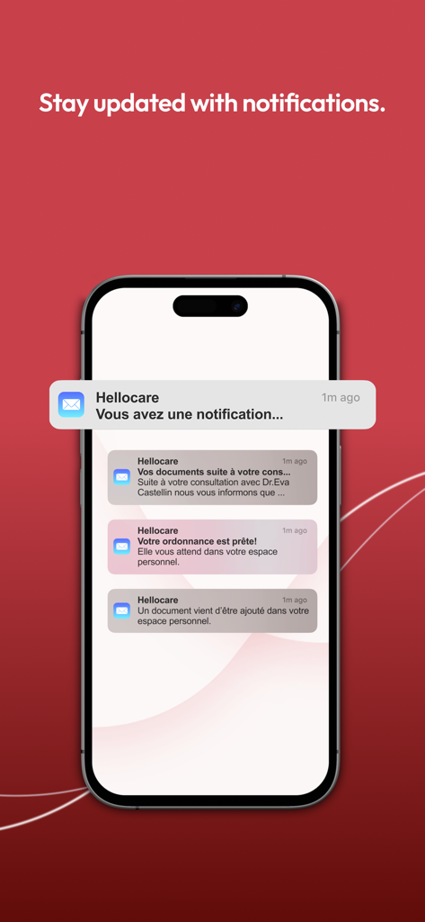 A smartphone screen displaying medical notifications and prescription alerts from the Hellocare app on a red background