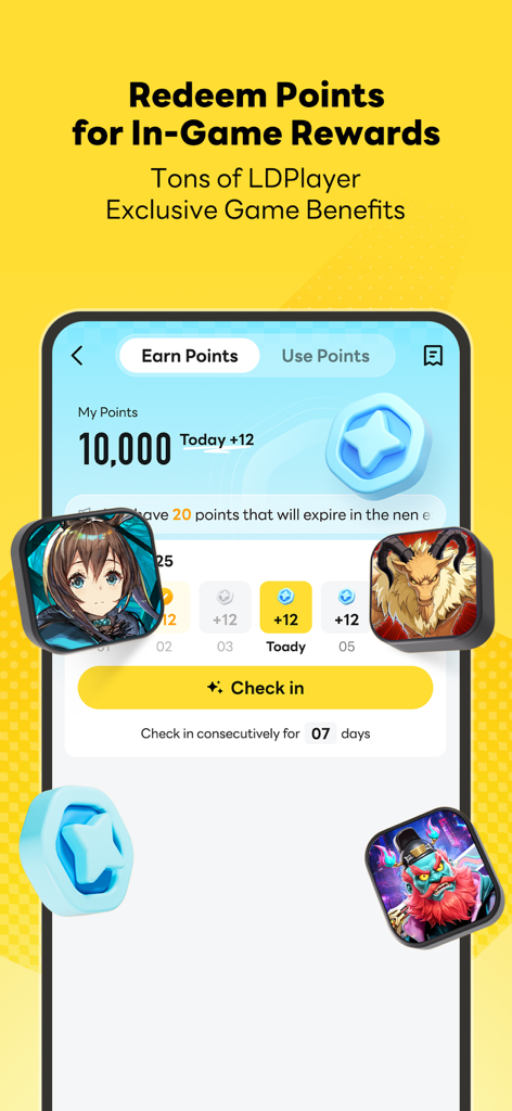 LDPlayer - Écran de l'application LDPlayer montrant l'échange de points pour des récompenses exclusives de jeu mobile
