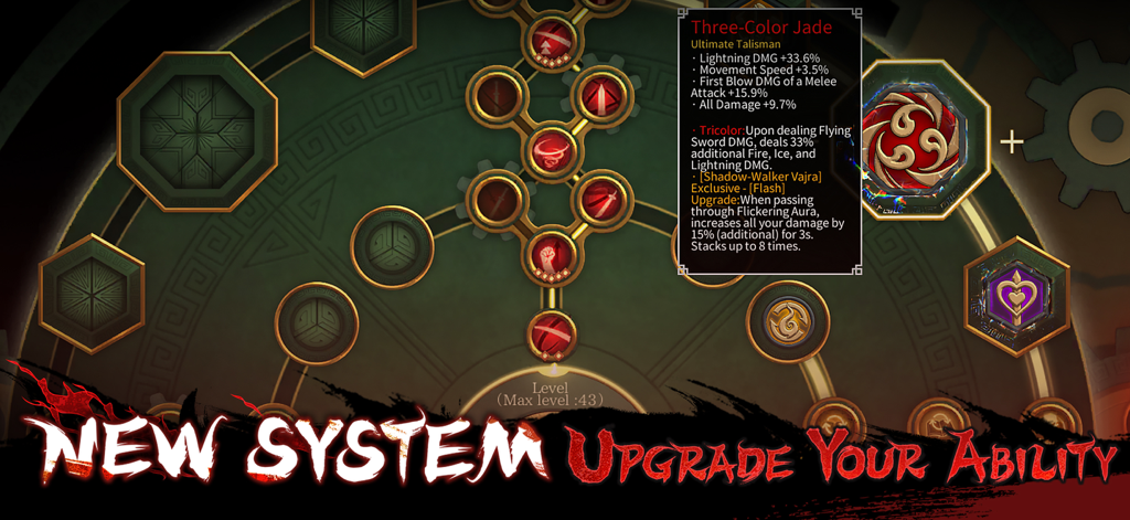 Warm Snow - Ein Screenshot des Warm Snow Upgrade-Menüs zeigt den Talentbaum und Details für den ultimativen Talisman 'Three Color Jade'