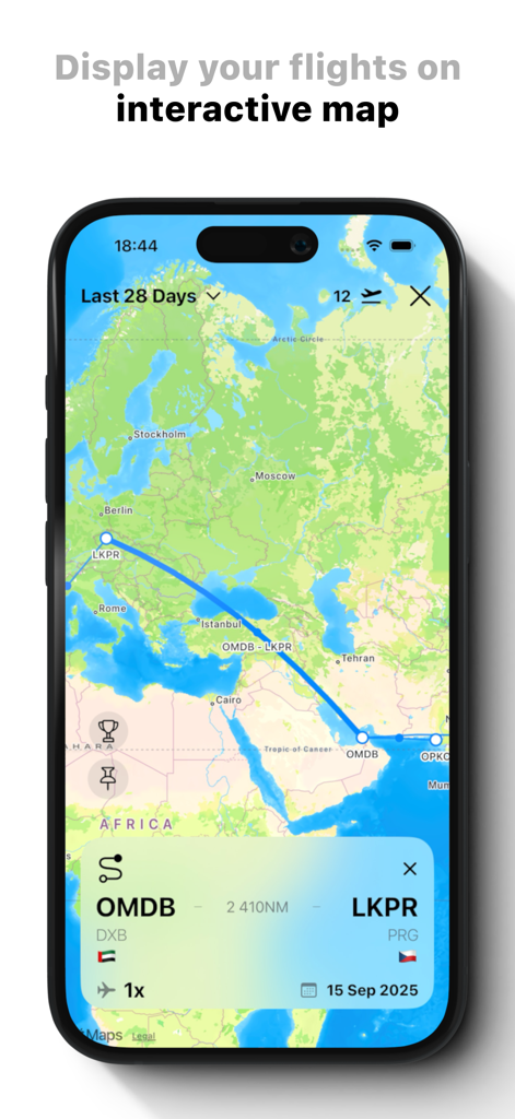 iPhone screenshot of Pilot Logbook Logger showing an interactive world map with flight routes and statistical data
