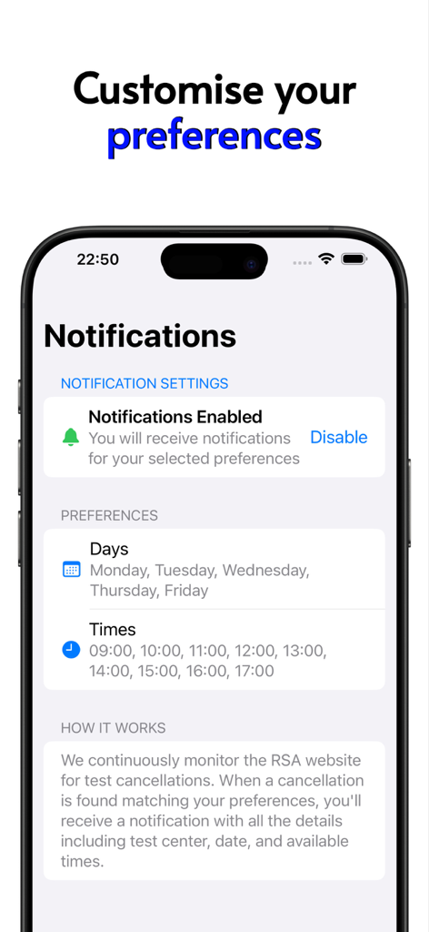 A mobile app screen showing notification settings for customizing days and times to receive driving test cancellation alerts.