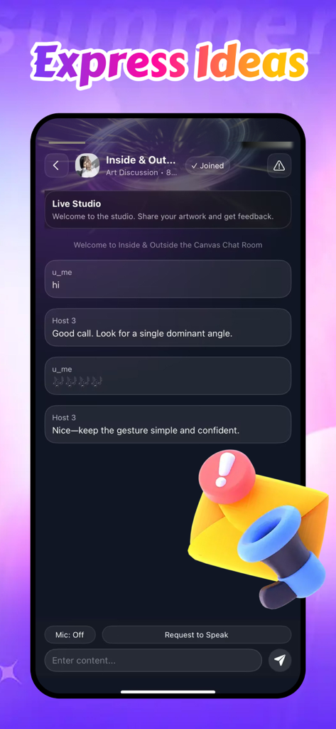 Foci: Get Inspired & Enjoy Fun - Foci app Live Studio interface showing a chat room for art discussion and feedback