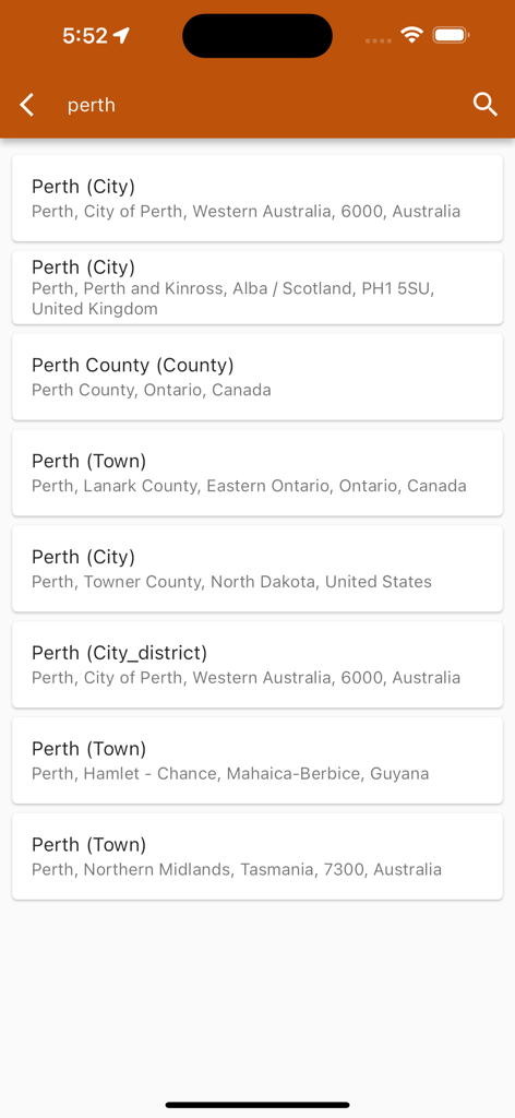 Fuel Price Tracker - Perth, WA - A mobile app screen showing search results for the keyword perth with multiple global location options