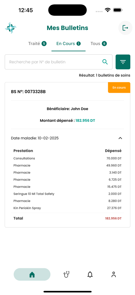 Smartphone screen of the Healio app displaying the status and details of a medical reimbursement request.