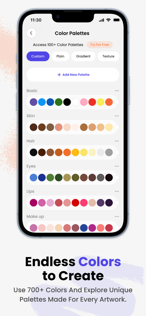 Drawee - Adult Colouring Book - Mobile screen of Drawee app showcasing various color palettes for skin hair and makeup