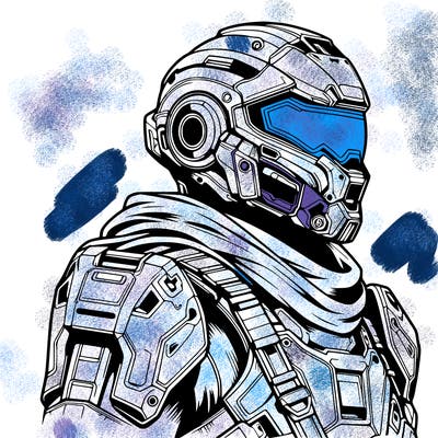 realistic warrior with high tech armor and a cool futuristic helmet