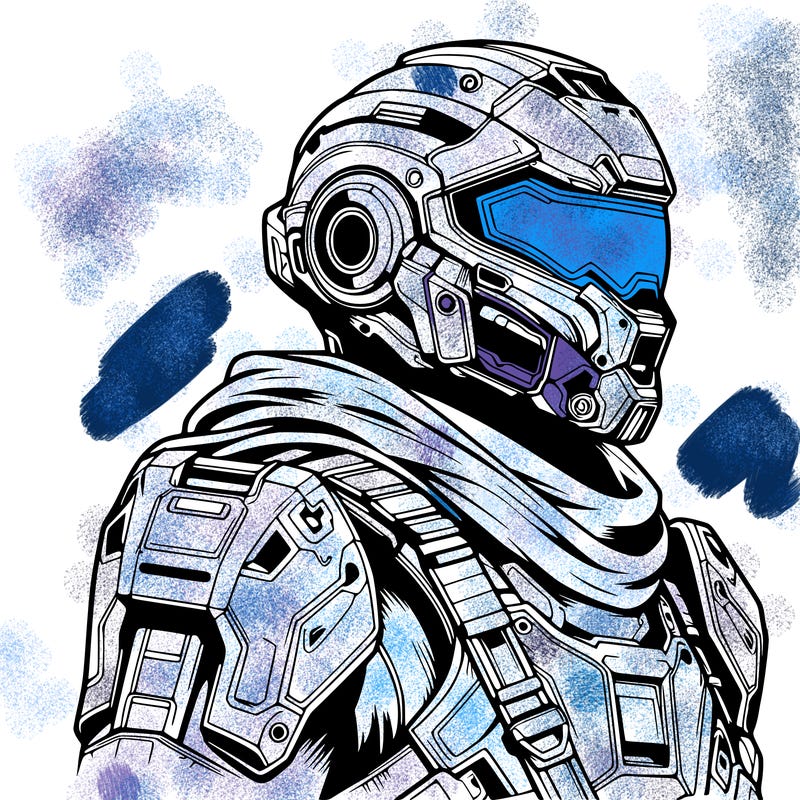 realistic warrior with high tech armor and a cool futuristic helmet