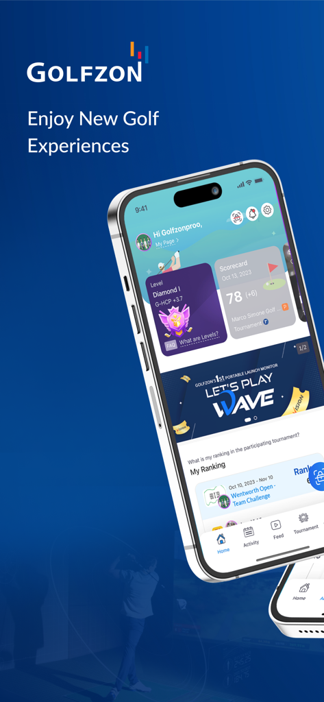 Mobile phone displaying the GOLFZON Global app home screen with golf performance data and scorecard.