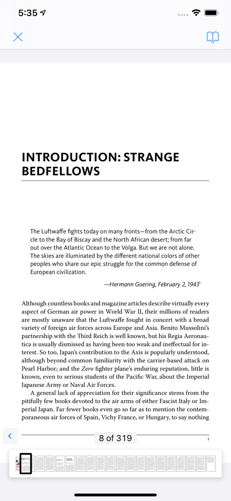 CloudLibrary - CloudLibrary 앱 전자책 리더 보기. 내비게이션 썸네일과 함께 역사 서적의 페이지가 표시됩니다.