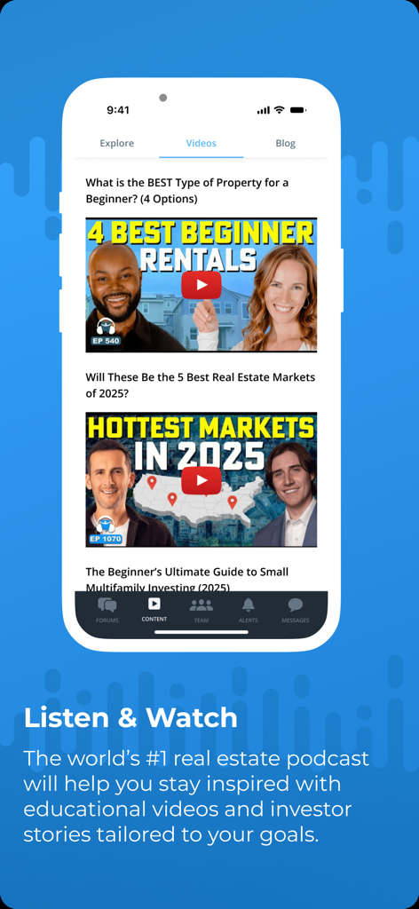 BiggerPockets - BiggerPockets app screen showing educational real estate investing videos and market trends.