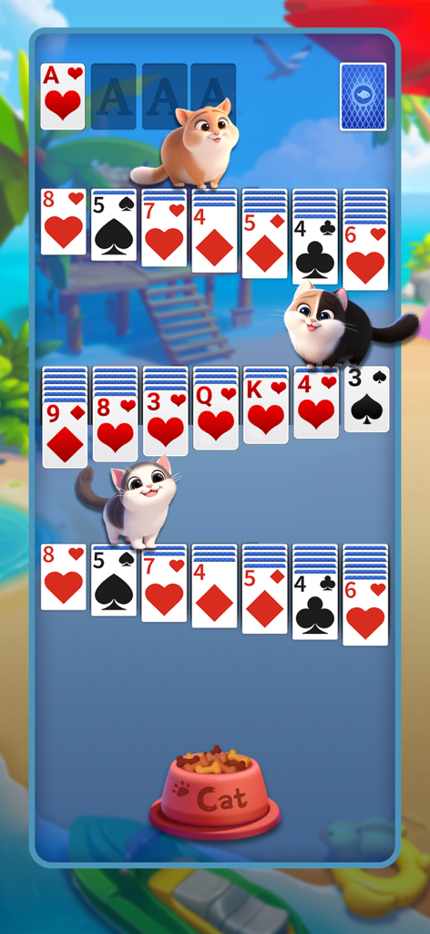 Solitaire Pets Town - Solitaire card game gameplay featuring cute cartoon kittens and a tropical background