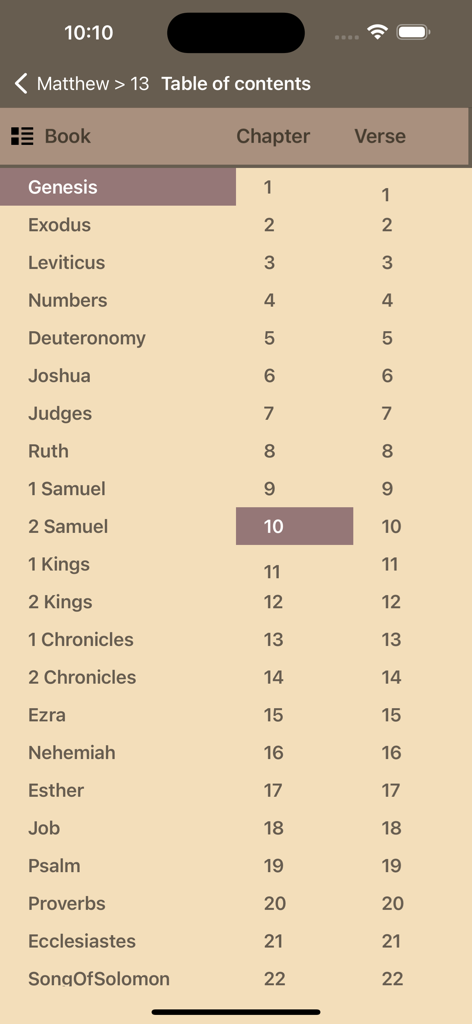 Seed Bible English Japanese - Table of contents screen showing a list of books chapters and verses in the bible app