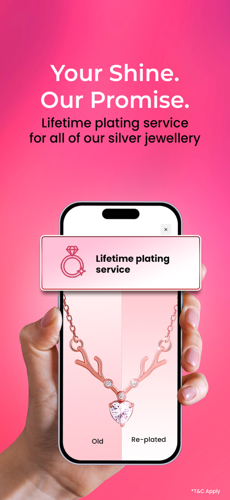 GIVA: Silver & Gold Jewellery - Smartphone exibindo o serviço de banho vitalício do aplicativo GIVA para joias de prata com uma comparação de antes e depois de um colar com pingente.