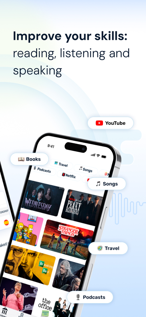 Language Learning | LingQ - Smartphone displaying the LingQ app interface with media categories like Netflix and YouTube for immersive language learning