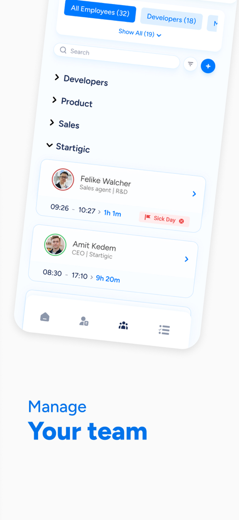 Meckano app interface for managing team members and tracking work hours