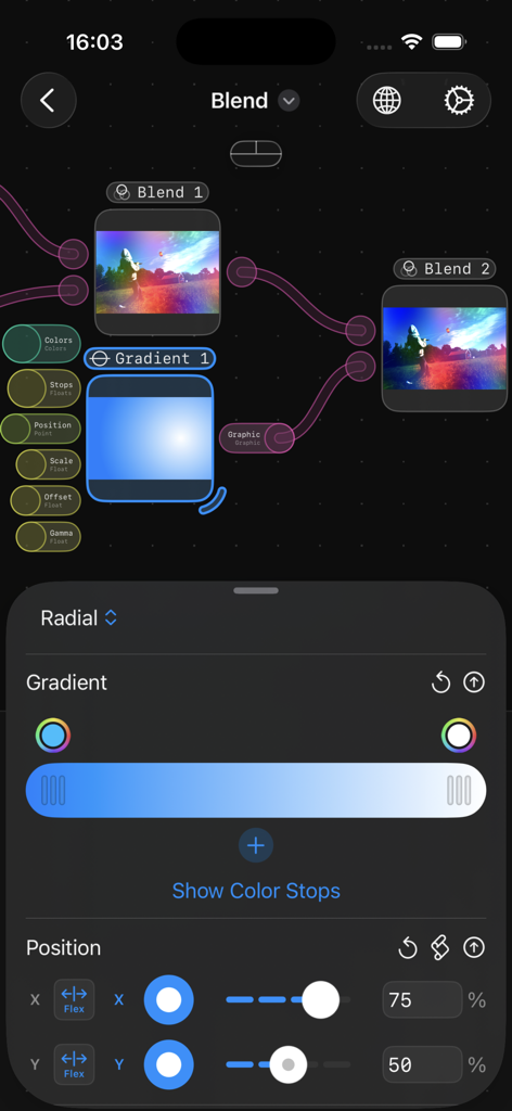 Flow Nodes - Una interfaz de programación visual basada en nodos en la aplicación Flow Nodes que muestra la mezcla de imágenes y la configuración de degradado radial.