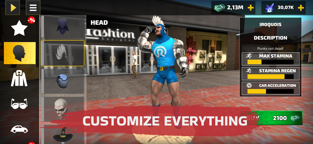 Pantalla de personalización de personajes en Rope Hero Vice Town que muestra un héroe con cresta y varias opciones de atuendo.