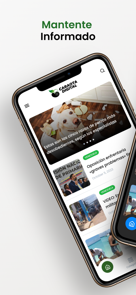 Smartphone mostrando la interfaz de la aplicación de noticias Caraota Digital con varios titulares y el texto Mantente Informado.