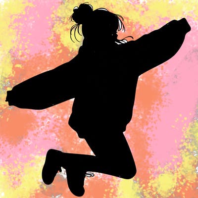 realistic girl jumping with a bun and oversized sweatshirt