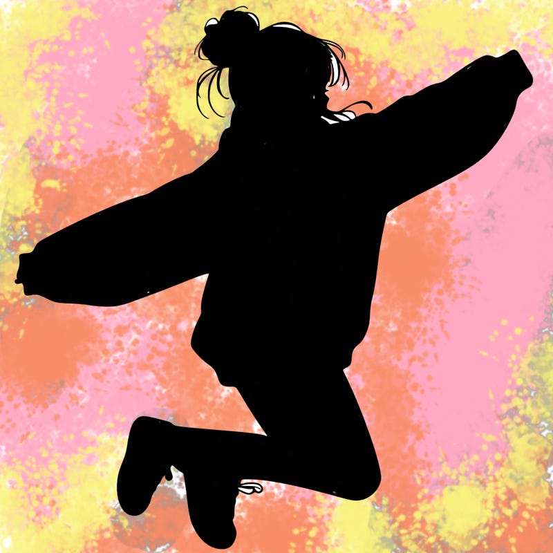 realistic girl jumping with a bun and oversized sweatshirt