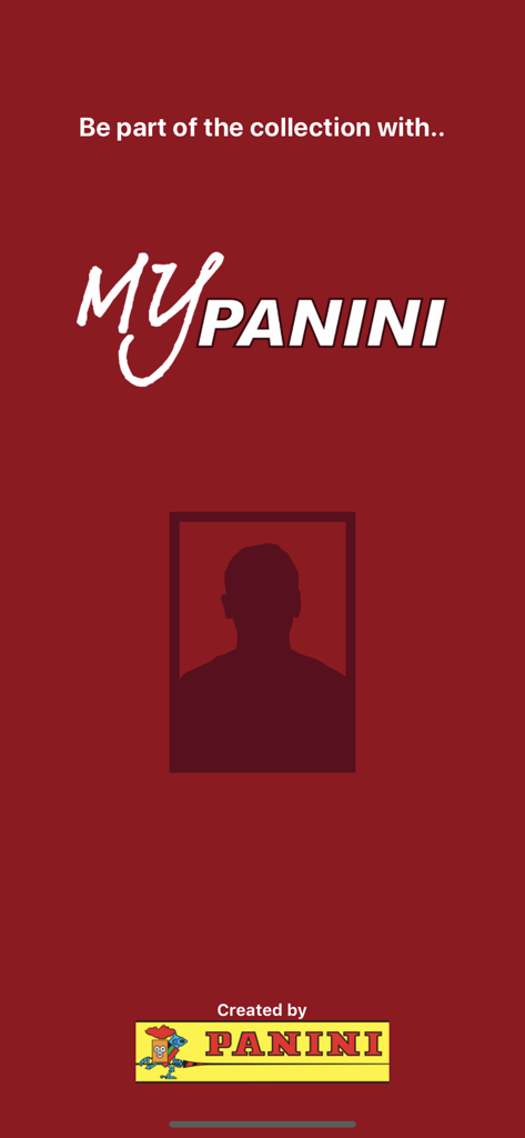 Intro screen of the MyPanini app showing the logo and a silhouette for a custom sticker