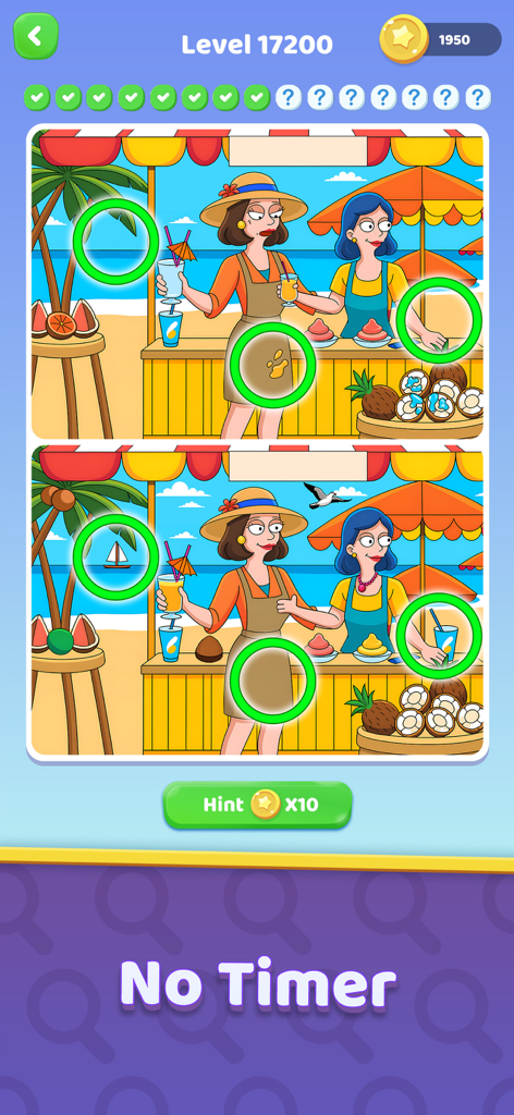 Captura de pantalla del juego de rompecabezas "Encuentra las Diferencias" que muestra una escena de playa de dibujos animados con una función de "sin temporizador".