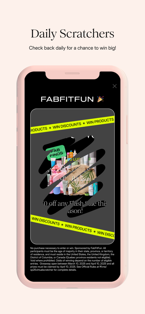 FabFitFun app screen featuring the Daily Scratchers gamified reward system to win discounts and products.