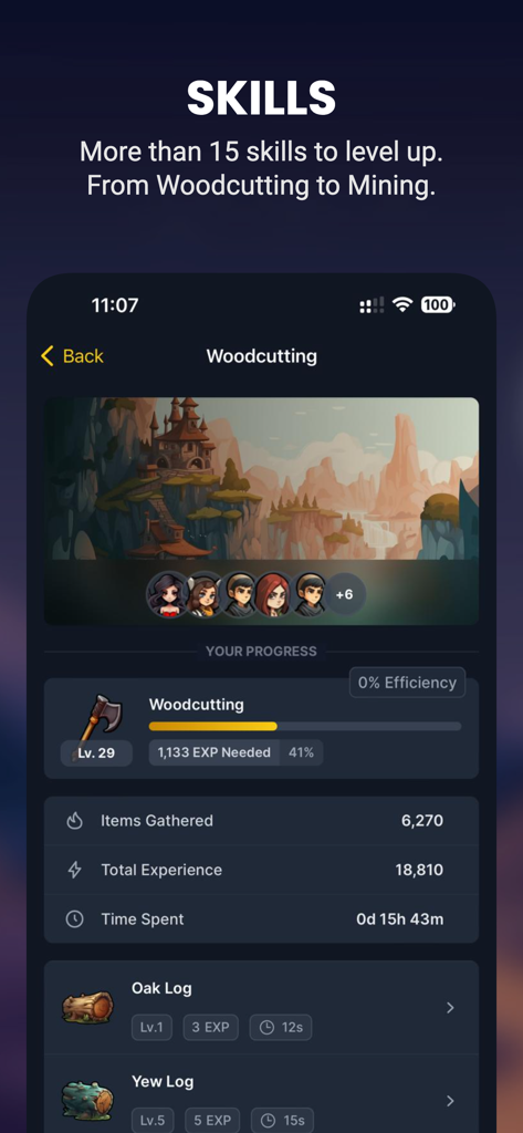 IdleMMO - Online Idle RPG - A screenshot of the woodcutting skill interface in IdleMMO showing level progress and gathered items.
