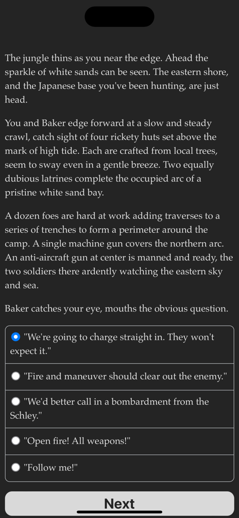 Marine Raider - A text-based gameplay screen from Marine Raider showing tactical combat choices during a World War Two mission.