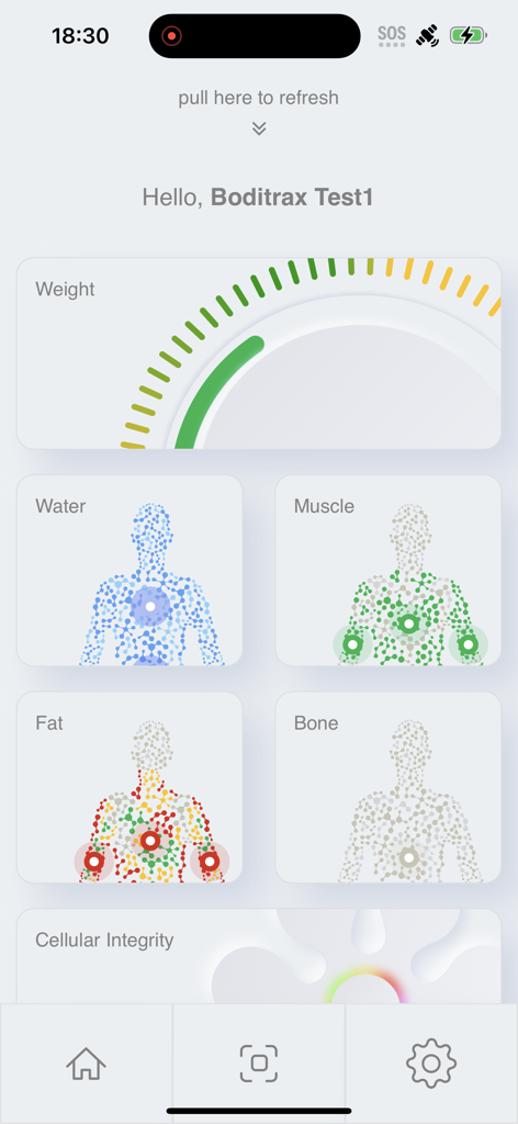 Boditrax 2.0 dashboard showing body composition metrics for weight muscle fat and bone