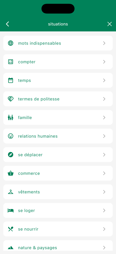antisèche malagasy - Mobile app menu listing Malagasy language categories for travel situations such as family transportation and dining