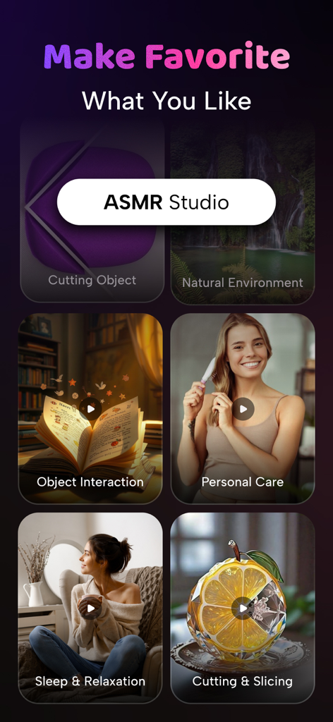 AI ASMR Video Generator: Relax - A selection of ASMR video categories like natural environment personal care and sleep relaxation in the ASMR Studio app interface.