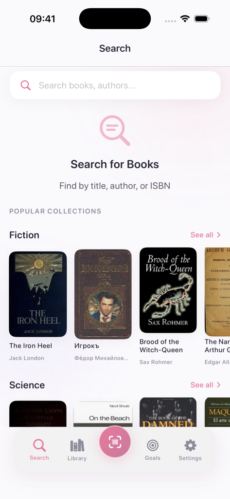 Read Book Realm - The search screen of the Read Book Realm app showing popular book collections and a search bar for titles and authors.