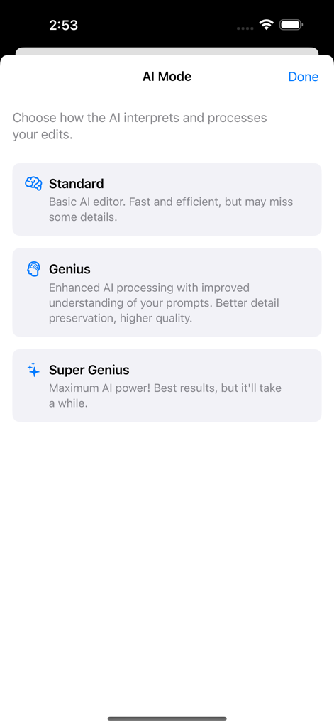 AI Photo Editing - AI Mode selection screen showing Standard Genius and Super Genius processing options