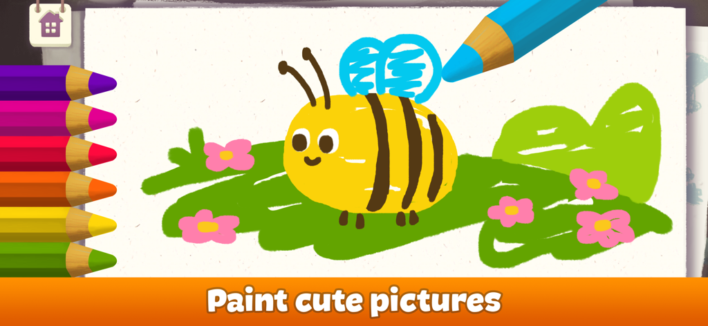 Drawing for Kids and Toddlers - Un dibujo digital colorido de una abeja y flores en una aplicación de pintura para niños pequeños.
