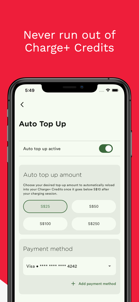 CHARGE+ - Auto top up settings in the Charge Plus app to automatically reload credits for EV charging.